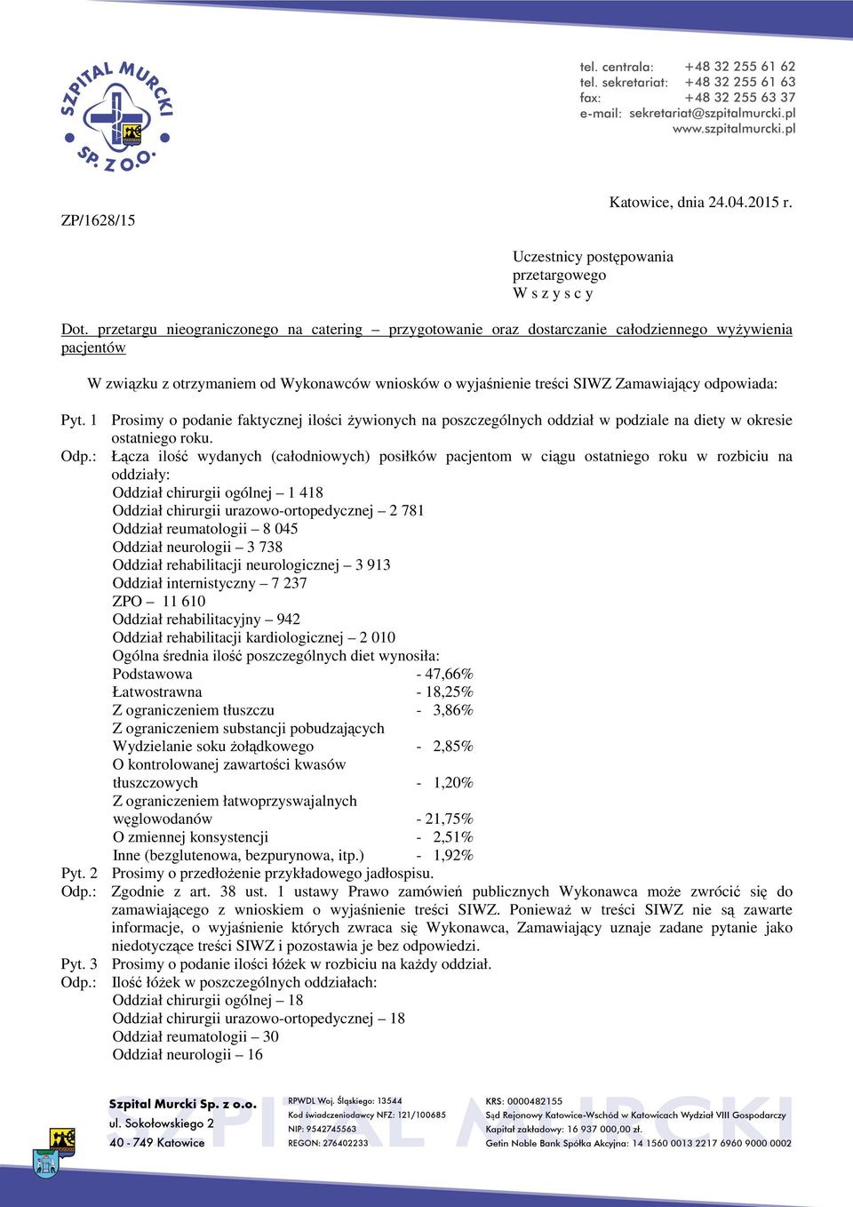 odpowiada: Pyt. 1 Prosimy o podanie faktycznej ilości żywionych na poszczególnych oddział w podziale na diety w okresie ostatniego roku. Odp.