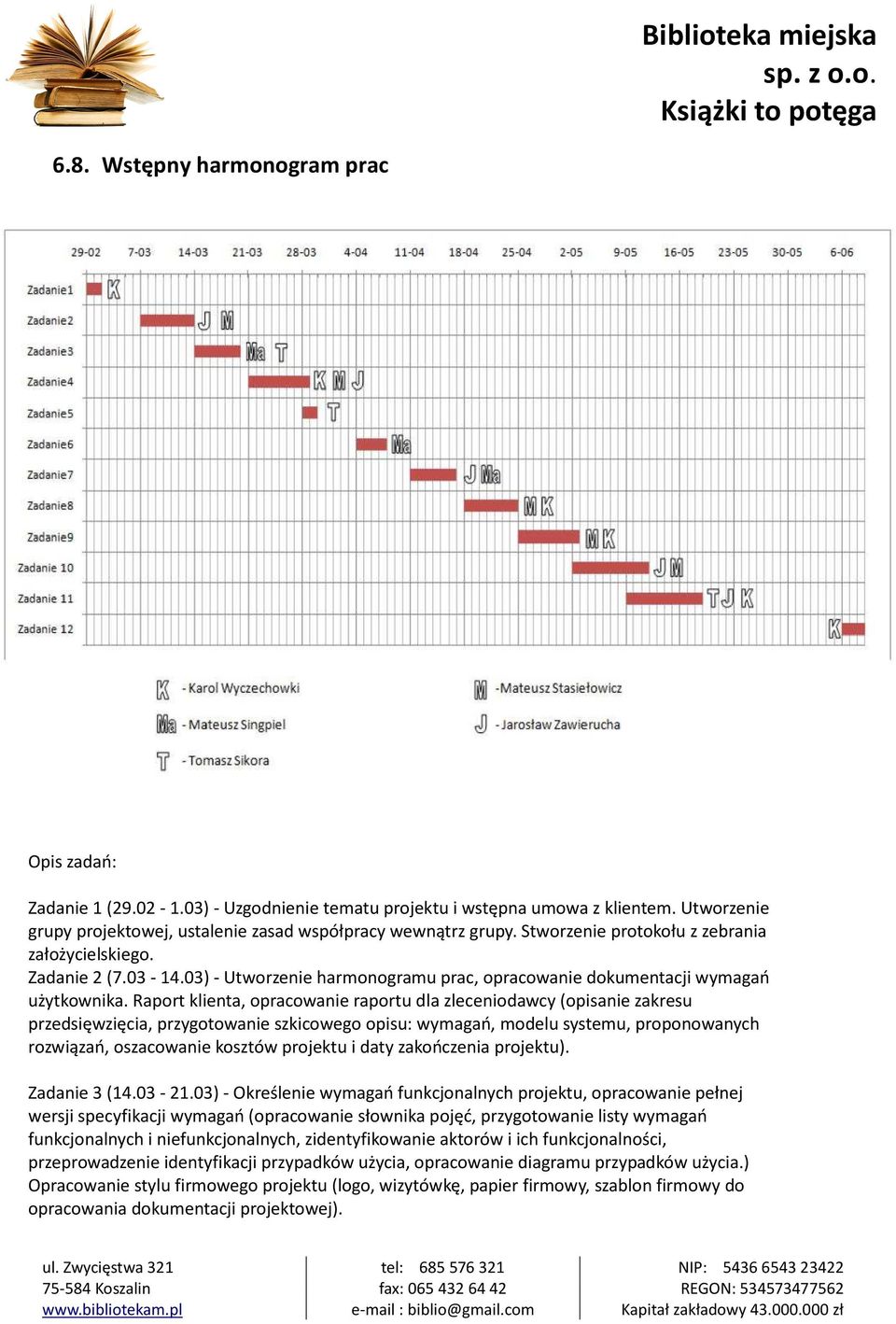 Raport klienta, opracowanie raportu dla zleceniodawcy (opisanie zakresu przedsięwzięcia, przygotowanie szkicowego opisu: wymagań, modelu systemu, proponowanych rozwiązań, oszacowanie kosztów projektu