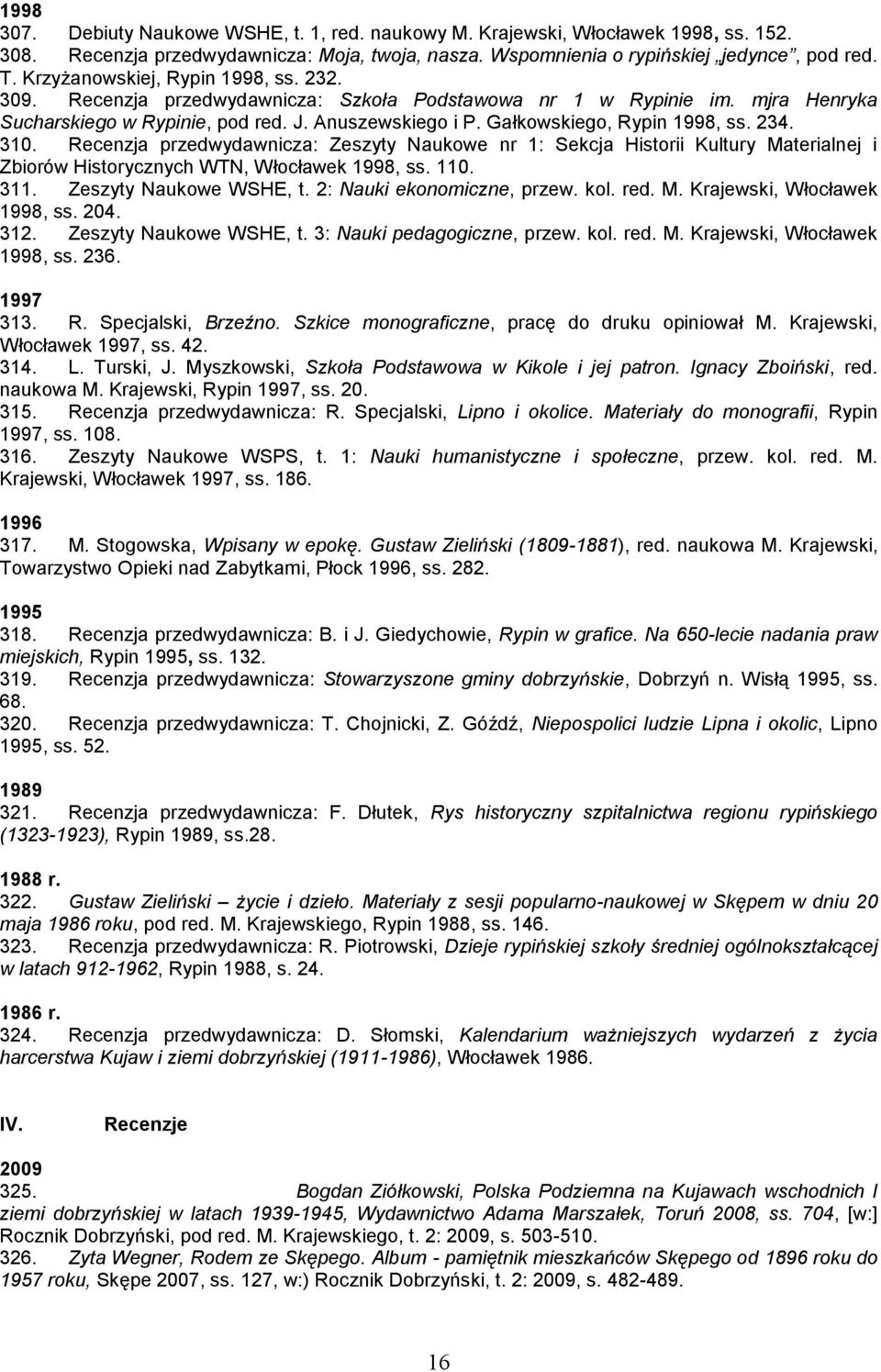 Gałkowskiego, Rypin 1998, ss. 234. 310. Recenzja przedwydawnicza: Zeszyty Naukowe nr 1: Sekcja Historii Kultury Materialnej i Zbiorów Historycznych WTN, Włocławek 1998, ss. 110. 311.