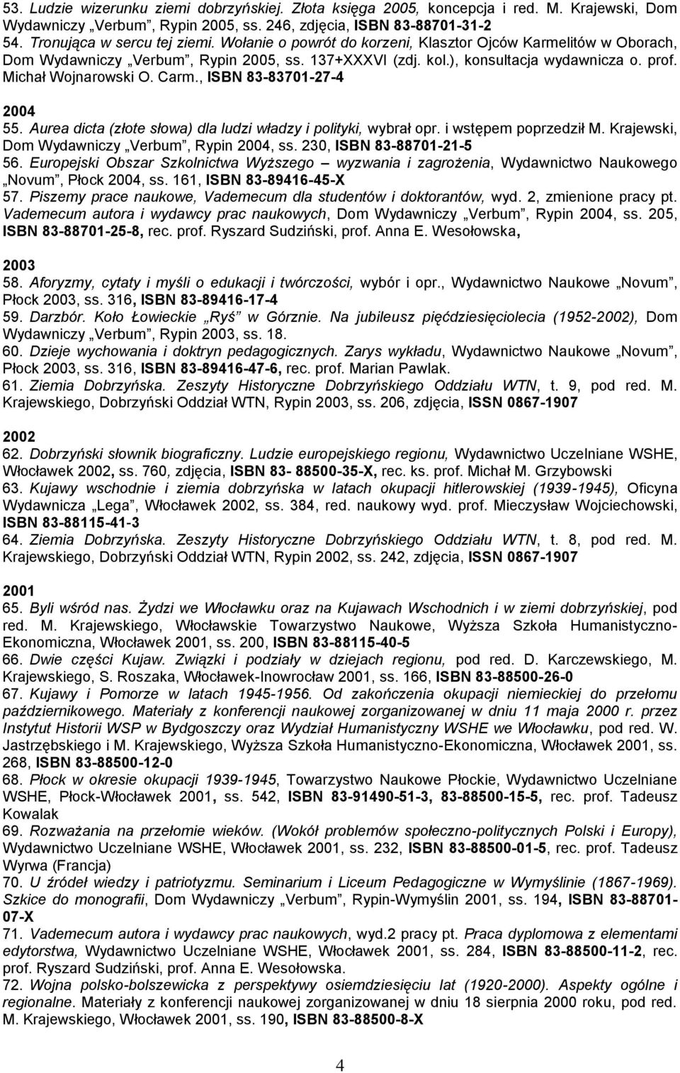 , ISBN 83-83701-27-4 2004 55. Aurea dicta (złote słowa) dla ludzi władzy i polityki, wybrał opr. i wstępem poprzedził M. Krajewski, Dom Wydawniczy Verbum, Rypin 2004, ss. 230, ISBN 83-88701-21-5 56.