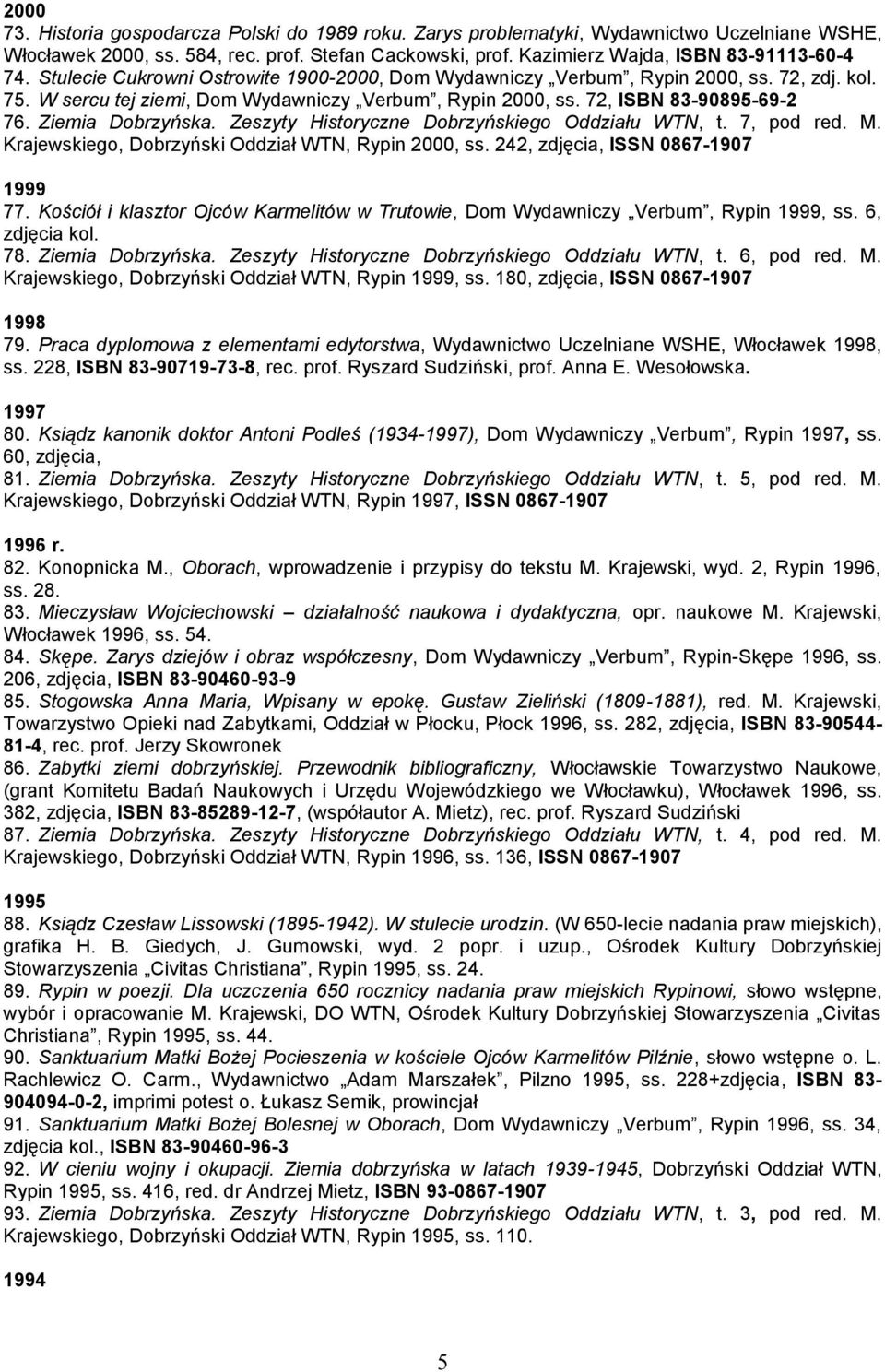 Zeszyty Historyczne Dobrzyńskiego Oddziału WTN, t. 7, pod red. M. Krajewskiego, Dobrzyński Oddział WTN, Rypin 2000, ss. 242, zdjęcia, ISSN 0867-1907 1999 77.