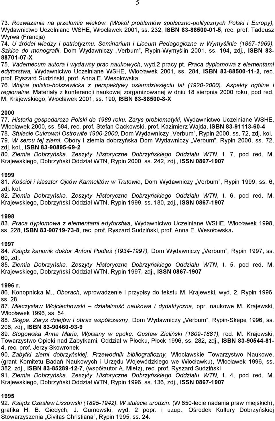 , ISBN 83-88701-07-X 75. Vademecum autora i wydawcy prac naukowych, wyd.2 pracy pt. Praca dyplomowa z elementami edytorstwa, Wydawnictwo Uczelniane WSHE, Włocławek 2001, ss.
