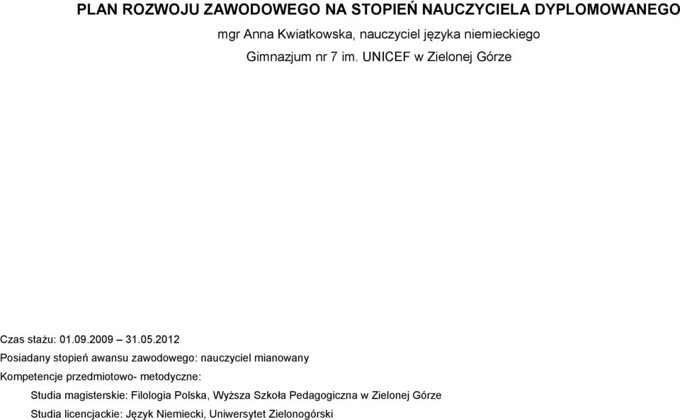 2012 Posiadany stopień awansu zawodowego: nauczyciel mianowany Kompetencje przedmiotowo- metodyczne: Studia