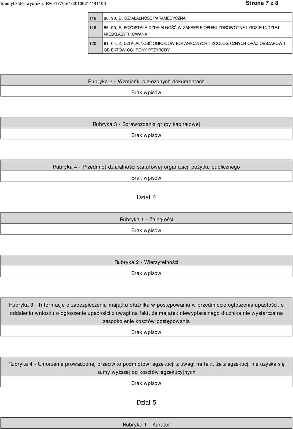 organizacji pożytku publicznego Dział 4 Rubryka 1 - Zaległości Rubryka 2 - Wierzytelności Rubryka 3 - Informacje o zabezpieczeniu majątku dłużnika w postępowaniu w przedmiocie ogłoszenia upadłości, o