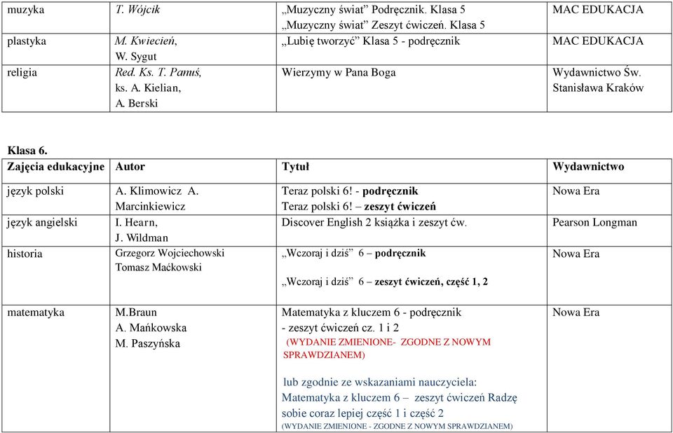 - podręcznik Teraz polski 6! zeszyt ćwiczeń Discover English 2 książka i zeszyt ćw. Wczoraj i dziś 6 podręcznik Wczoraj i dziś 6 zeszyt ćwiczeń, część 1, 2 matematyka M.Braun A. Mańkowska M.