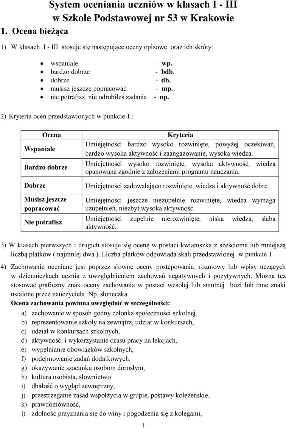 : Ocena Wspaniale Bardzo dobrze Dobrze Musisz jeszcze popracować Nie potrafisz Kryteria Umiejętności bardzo wysoko rozwinięte, powyżej oczekiwań, bardzo wysoka aktywność i zaangażowanie, wysoka