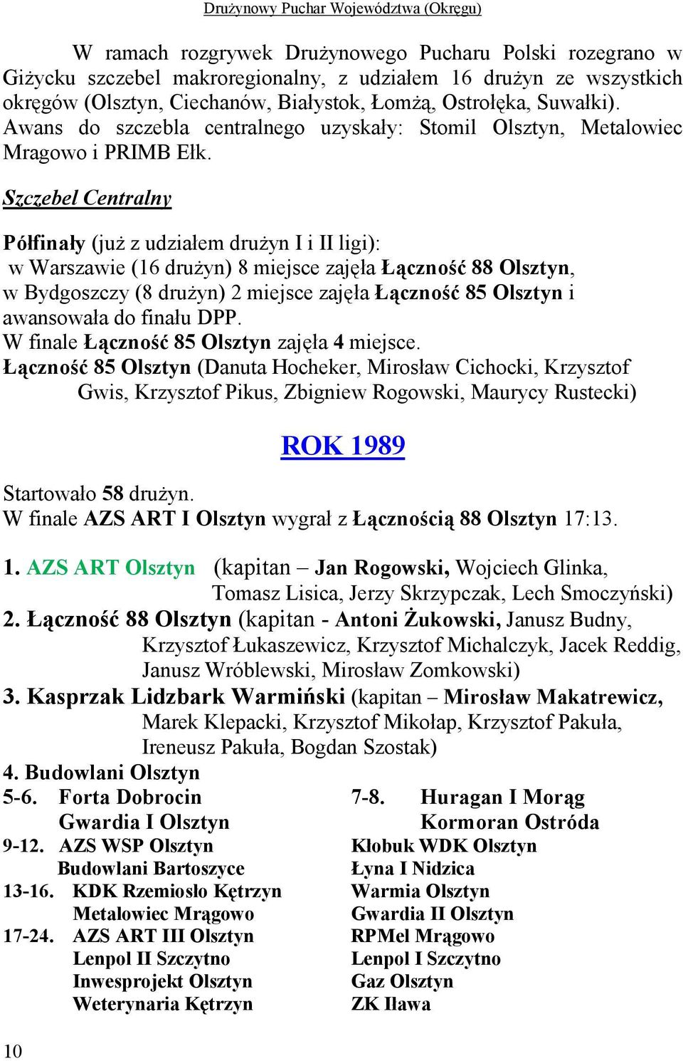 Szczebel Centralny Półfinały (juŝ z udziałem druŝyn I i II ligi): w Warszawie (16 druŝyn) 8 miejsce zajęła Łączność 88 Olsztyn, w Bydgoszczy (8 druŝyn) 2 miejsce zajęła Łączność 85 Olsztyn i