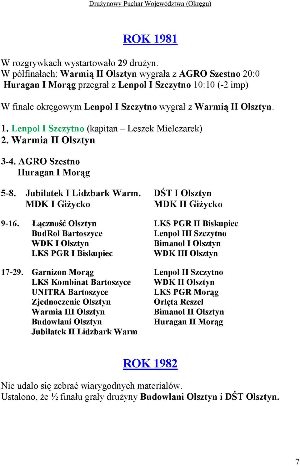 Warmia II Olsztyn 3-4. AGRO Szestno Huragan I Morąg 5-8. Jubilatek I Lidzbark Warm. DŚT I Olsztyn MDK I GiŜycko MDK II GiŜycko 9-16.