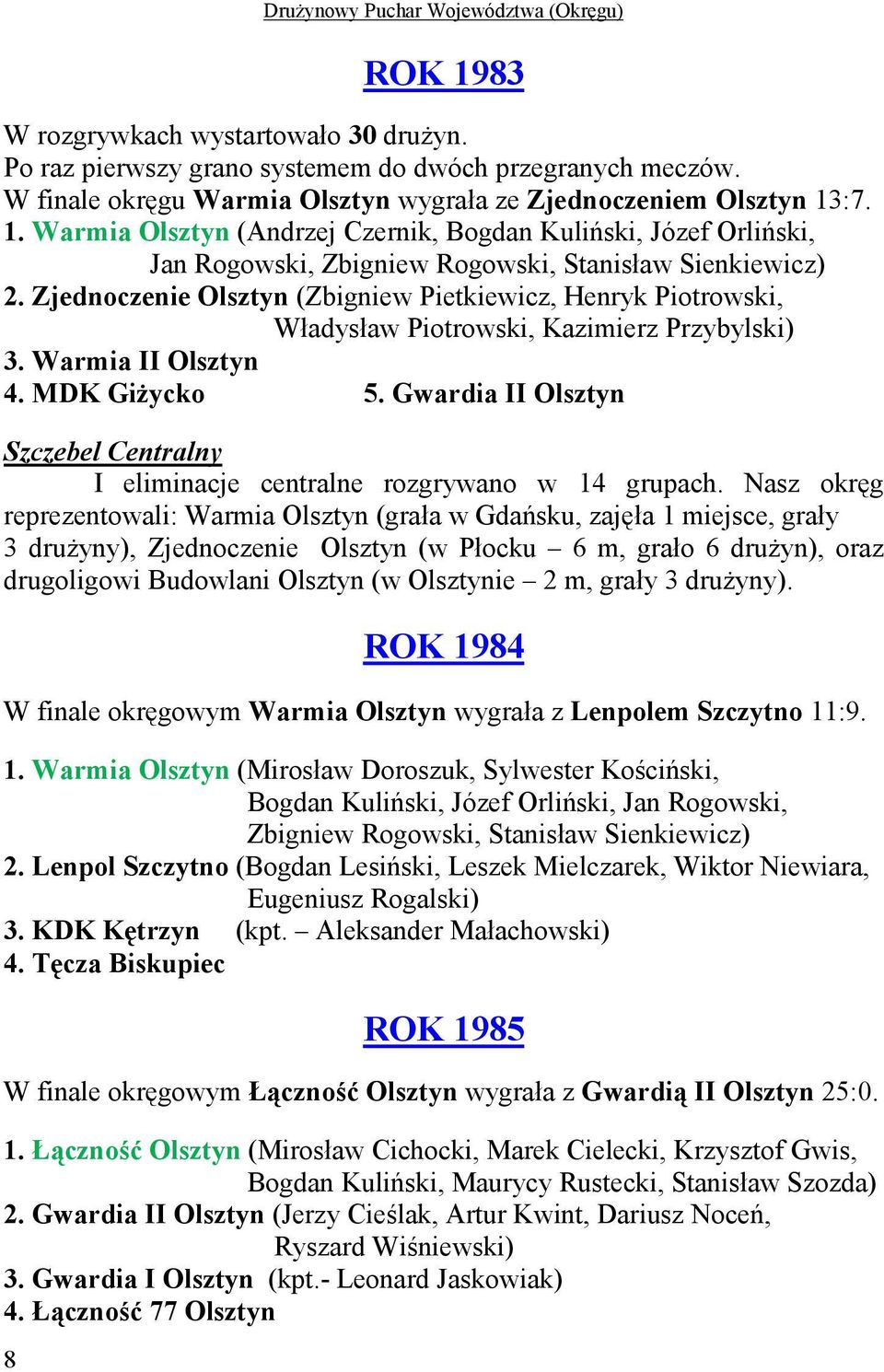Zjednoczenie Olsztyn (Zbigniew Pietkiewicz, Henryk Piotrowski, Władysław Piotrowski, Kazimierz Przybylski) 3. Warmia II Olsztyn 4. MDK GiŜycko 5.