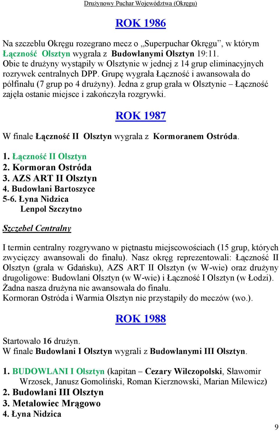 Jedna z grup grała w Olsztynie Łączność zajęła ostanie miejsce i zakończyła rozgrywki. ROK 1987 W finale Łączność II Olsztyn wygrała z Kormoranem Ostróda. 1. Łączność II Olsztyn 2. Kormoran Ostróda 3.