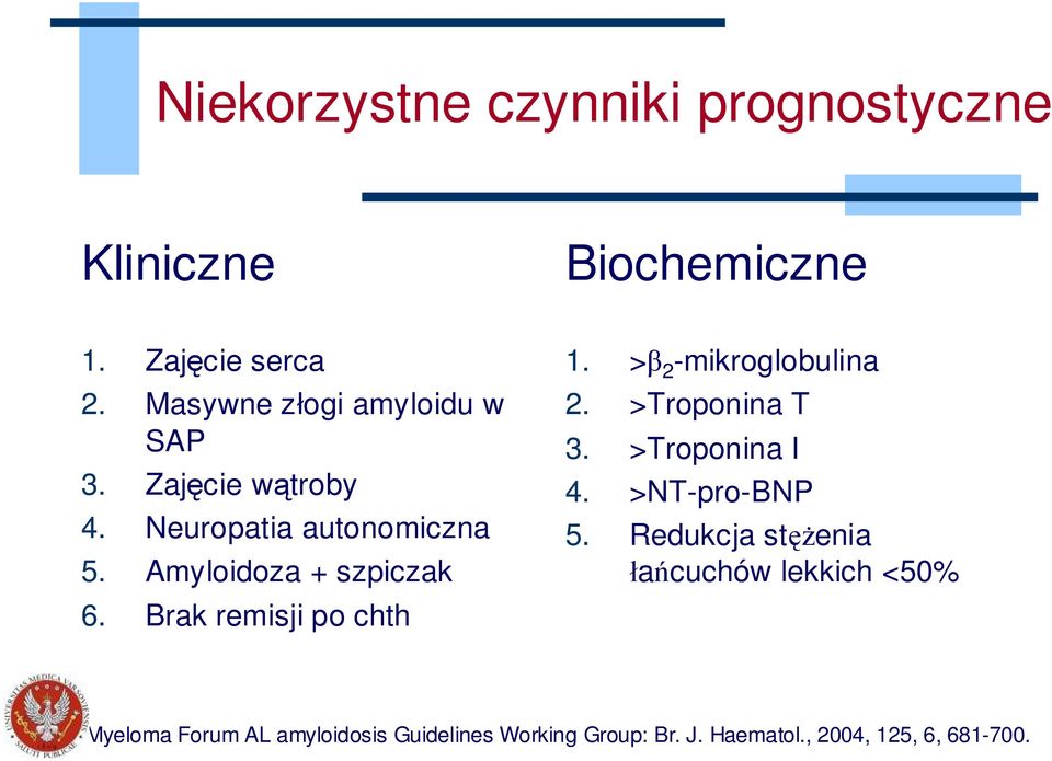 Brak remisji po chth 1. >β 2 -mikroglobulina 2. >Troponina T 3. >Troponina I 4. >NT-pro-BNP 5.