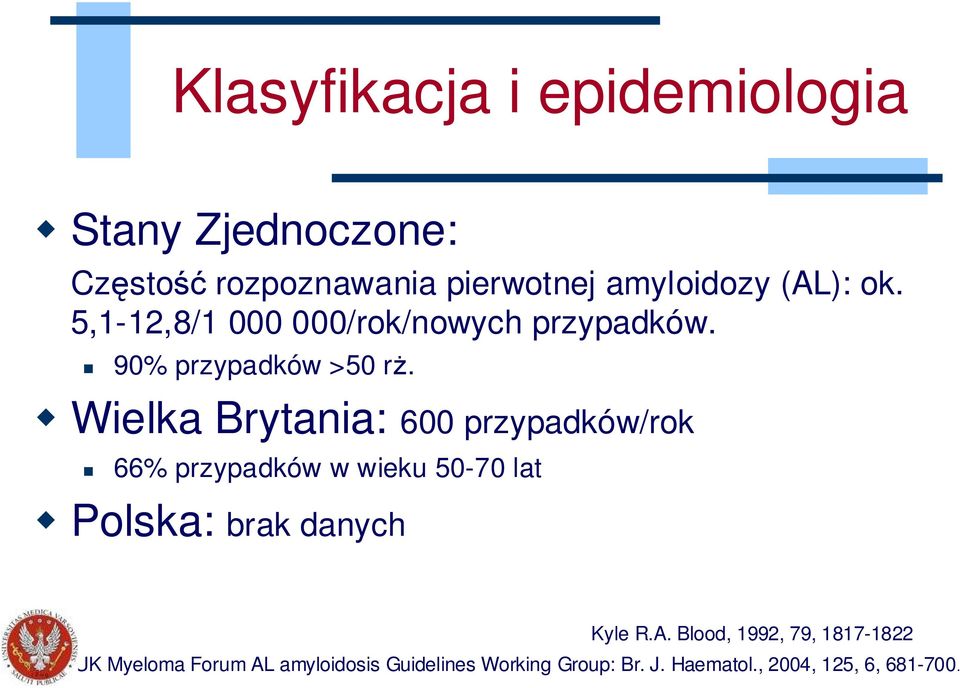 Wielka Brytania: 600 przypadków/rok 66% przypadków w wieku 50-70 lat Polska: brak danych Kyle R.A.