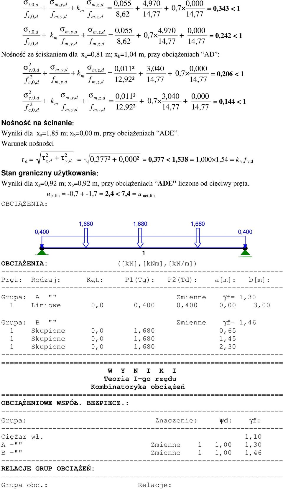 Warunek nośności σm, y, σm, z, 0,055 + km = = 0,343 < 1 f 8,62 + 4,970 14,77 + 0,7 0,000 14,77 f m, y, m, z, k m σ + + 2 σm, y, σm, z, 0,055 + = = 0,242 < 1 f f 8,62 + 0,7 4,970 14,77 + 0,000 14,77