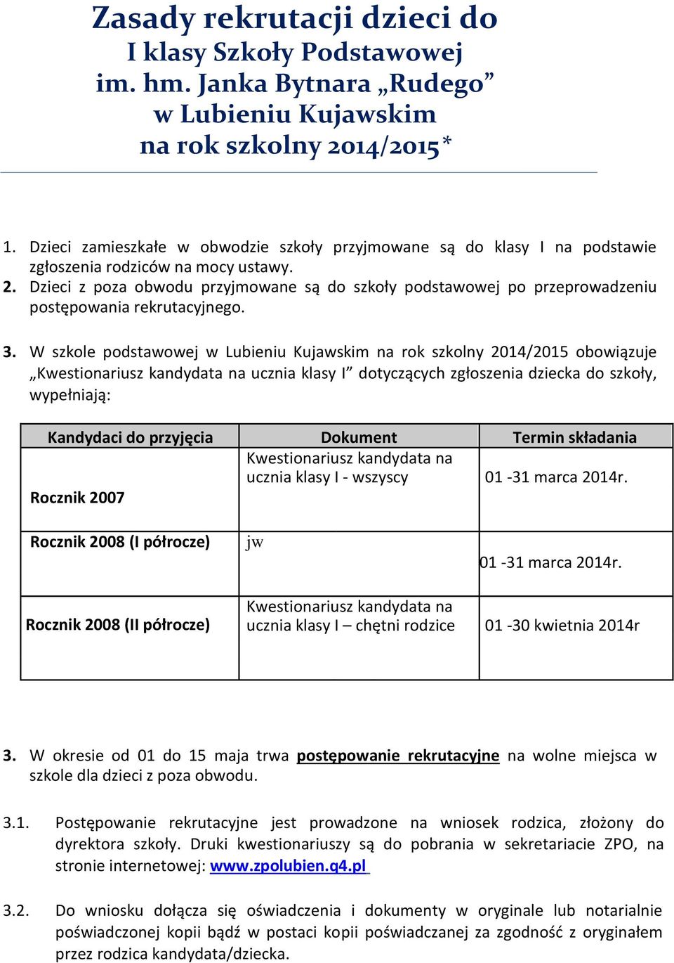 Dzieci z poza obwodu przyjmowane są do szkoły podstawowej po przeprowadzeniu postępowania rekrutacyjnego. 3.