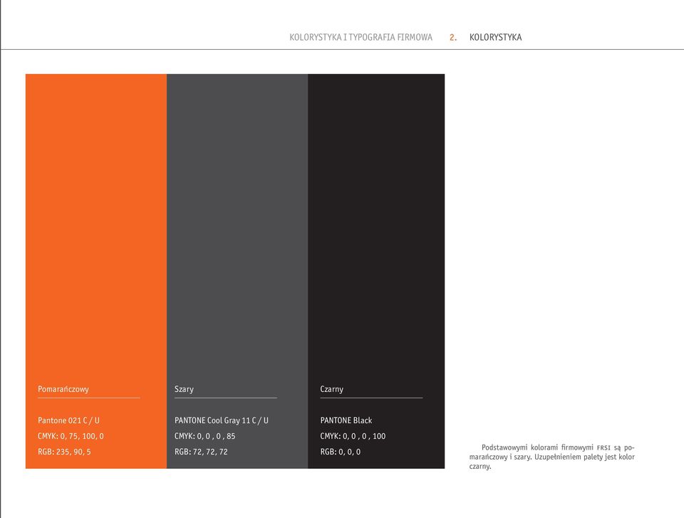 PANTONE Black CMYK: 0, 75, 100, 0 RGB: 235, 90, 5 CMYK: 0, 0, 0, 85 RGB: 72, 72, 72