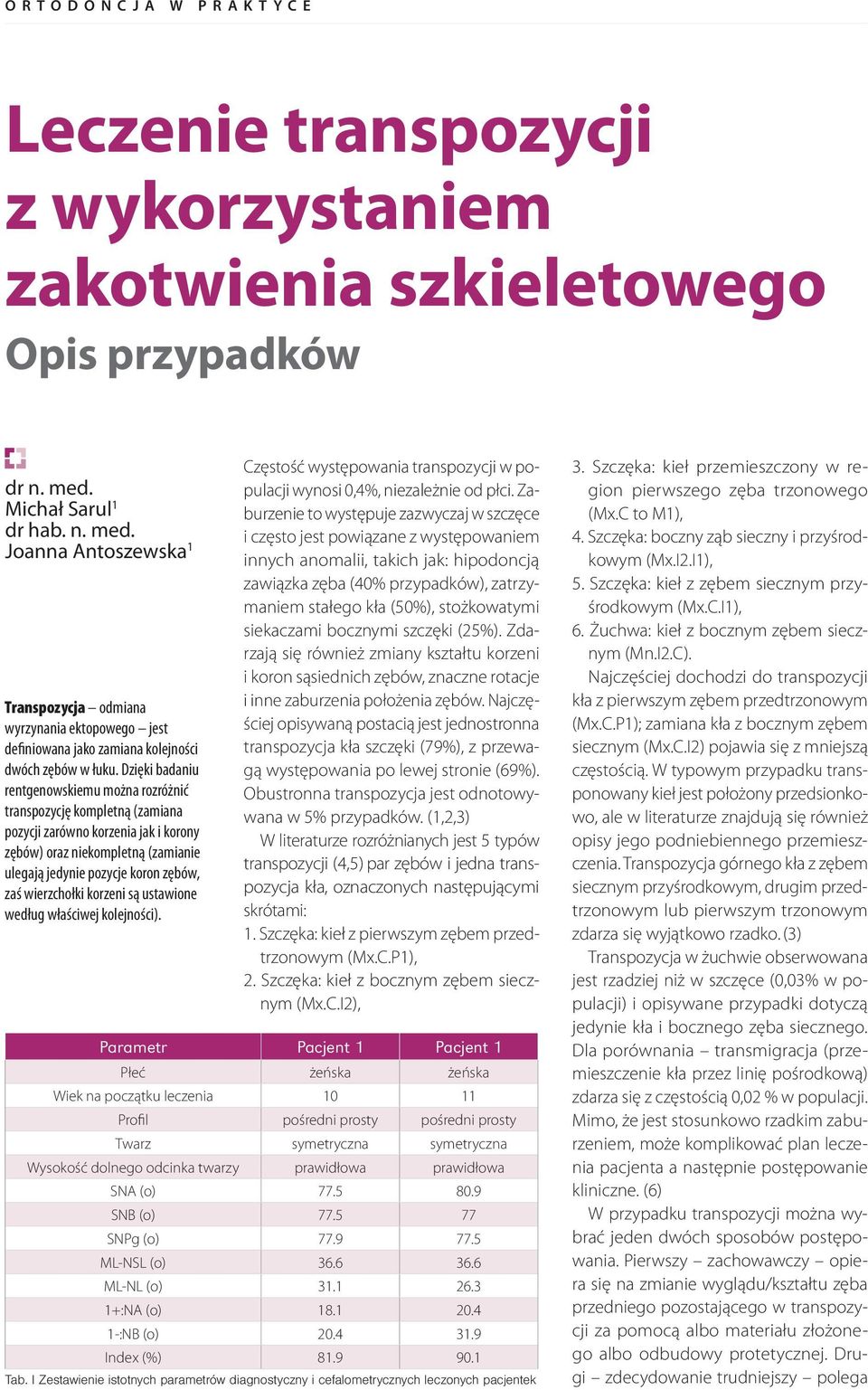 Dzięki badaniu rentgenowskiemu można rozróżnić transpozycję kompletną (zamiana pozycji zarówno korzenia jak i korony zębów) oraz niekompletną (zamianie ulegają jedynie pozycje koron zębów, zaś