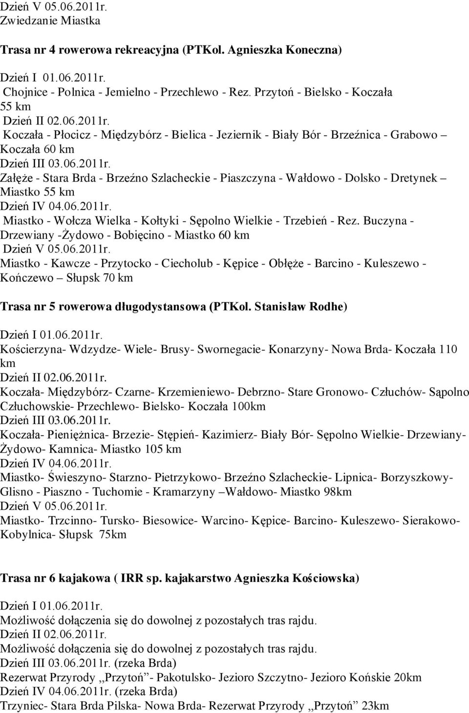 - Dolsko - Dretynek Miastko 55 km Miastko - Wołcza Wielka - Kołtyki - Sępolno Wielkie - Trzebień - Rez. Buczyna - Drzewiany -Żydowo - Bobięcino - Miastko 60 km Dzień V 05.06.2011r.