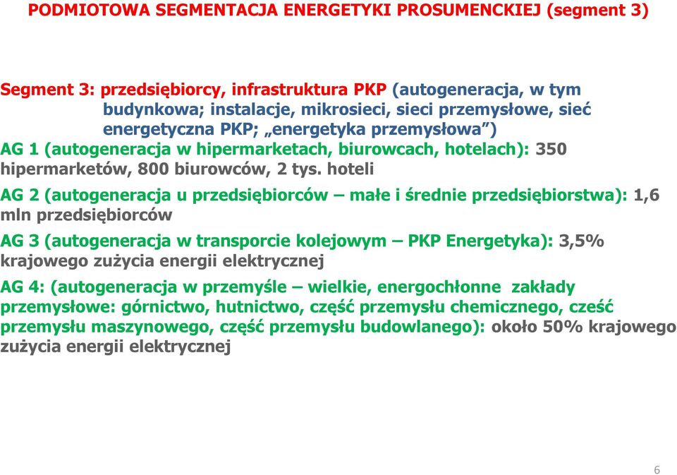 hoteli AG 2 (autogeneracja u przedsiębiorców małe i średnie przedsiębiorstwa): 1,6 mln przedsiębiorców AG 3 (autogeneracja w transporcie kolejowym PKP Energetyka): 3,5% krajowego zużycia energii