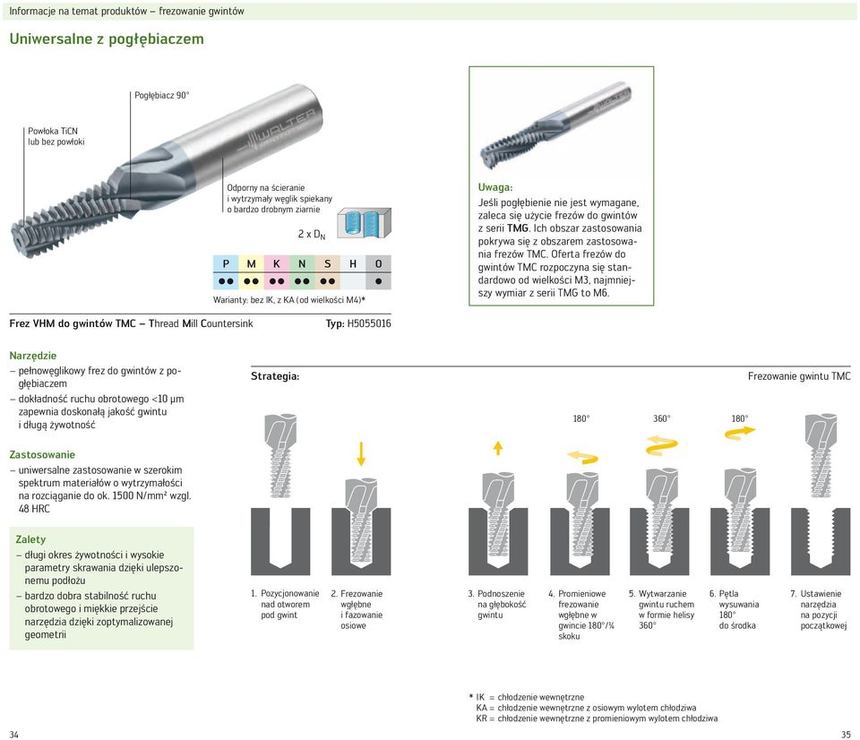 Ich obszar zastosowania pokrywa się z obszarem zastosowania frezów TMC. Oferta frezów do gwintów TMC rozpoczyna się standardowo od wielkości M3, najmniejszy wymiar z serii TMG to M6.