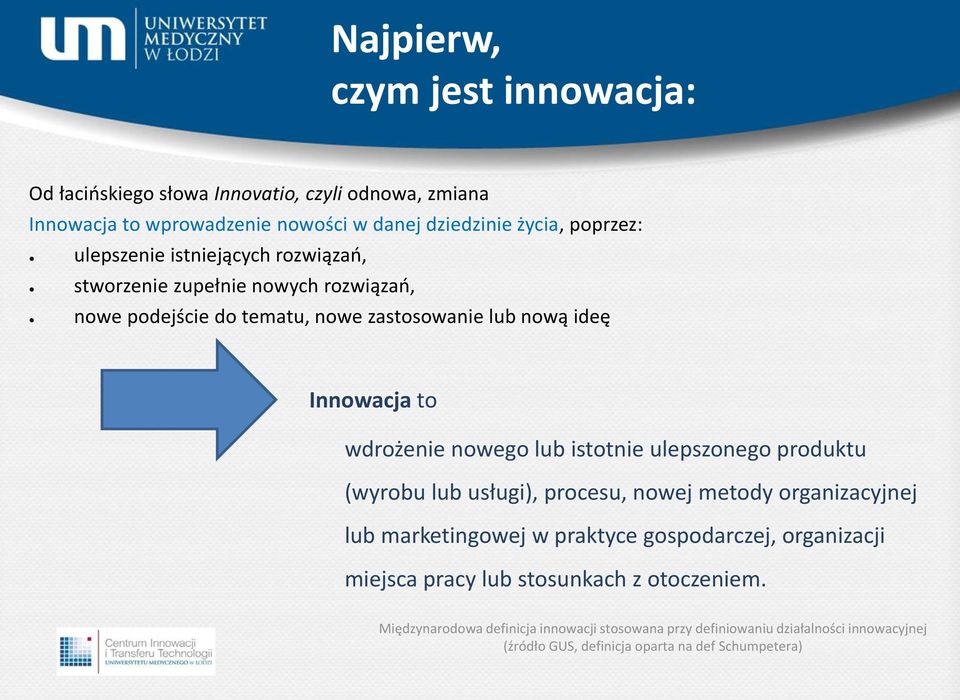 lub istotnie ulepszonego produktu (wyrobu lub usługi), procesu, nowej metody organizacyjnej lub marketingowej w praktyce gospodarczej, organizacji miejsca pracy