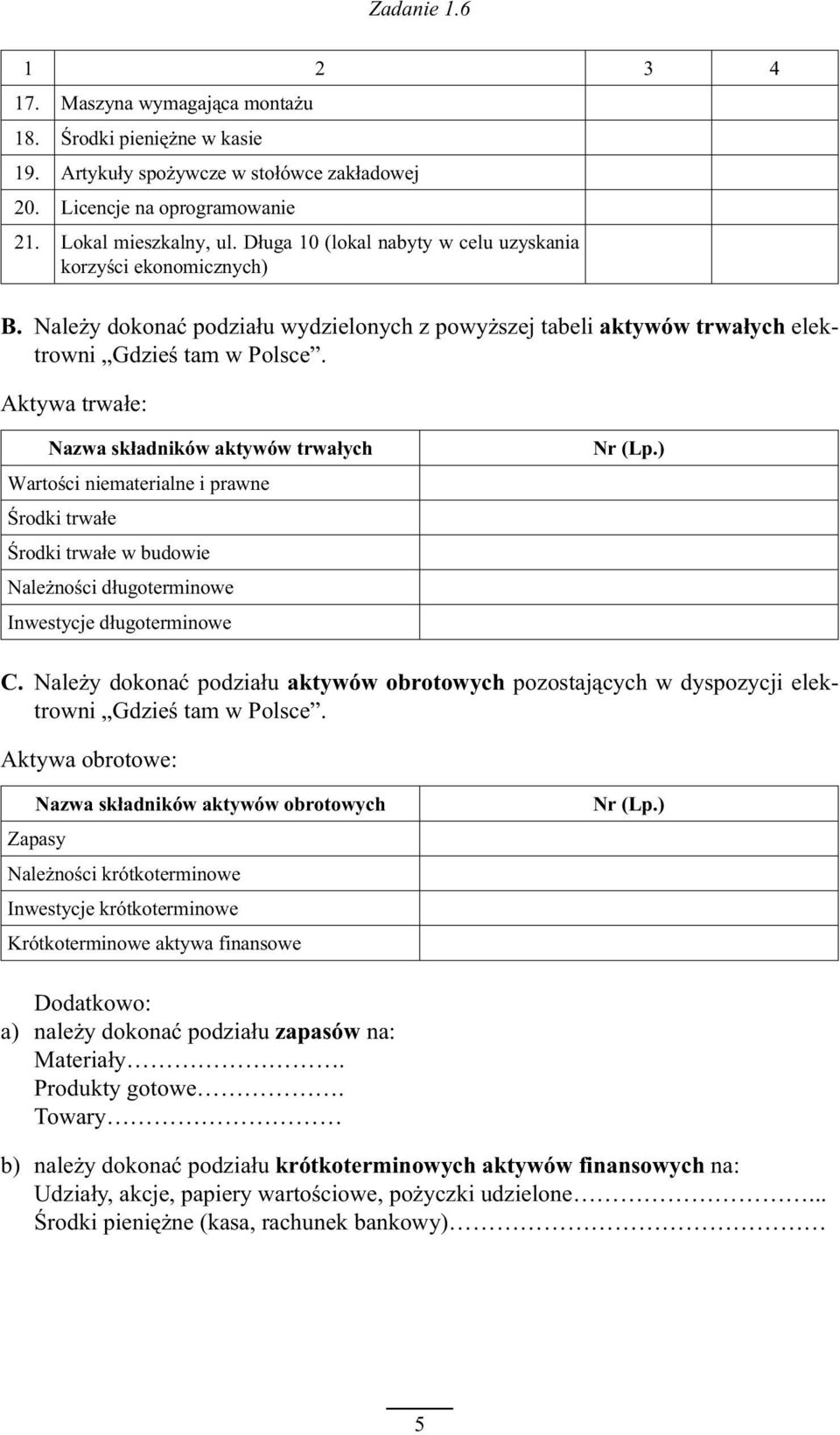 Aktywa trwa³e: Nazwa sk³adników aktywów trwa³ych Wartoœci niematerialne i prawne Œrodki trwa³e Œrodki trwa³e w budowie Nale noœci d³ugoterminowe Inwestycje d³ugoterminowe Nr (Lp.) C.