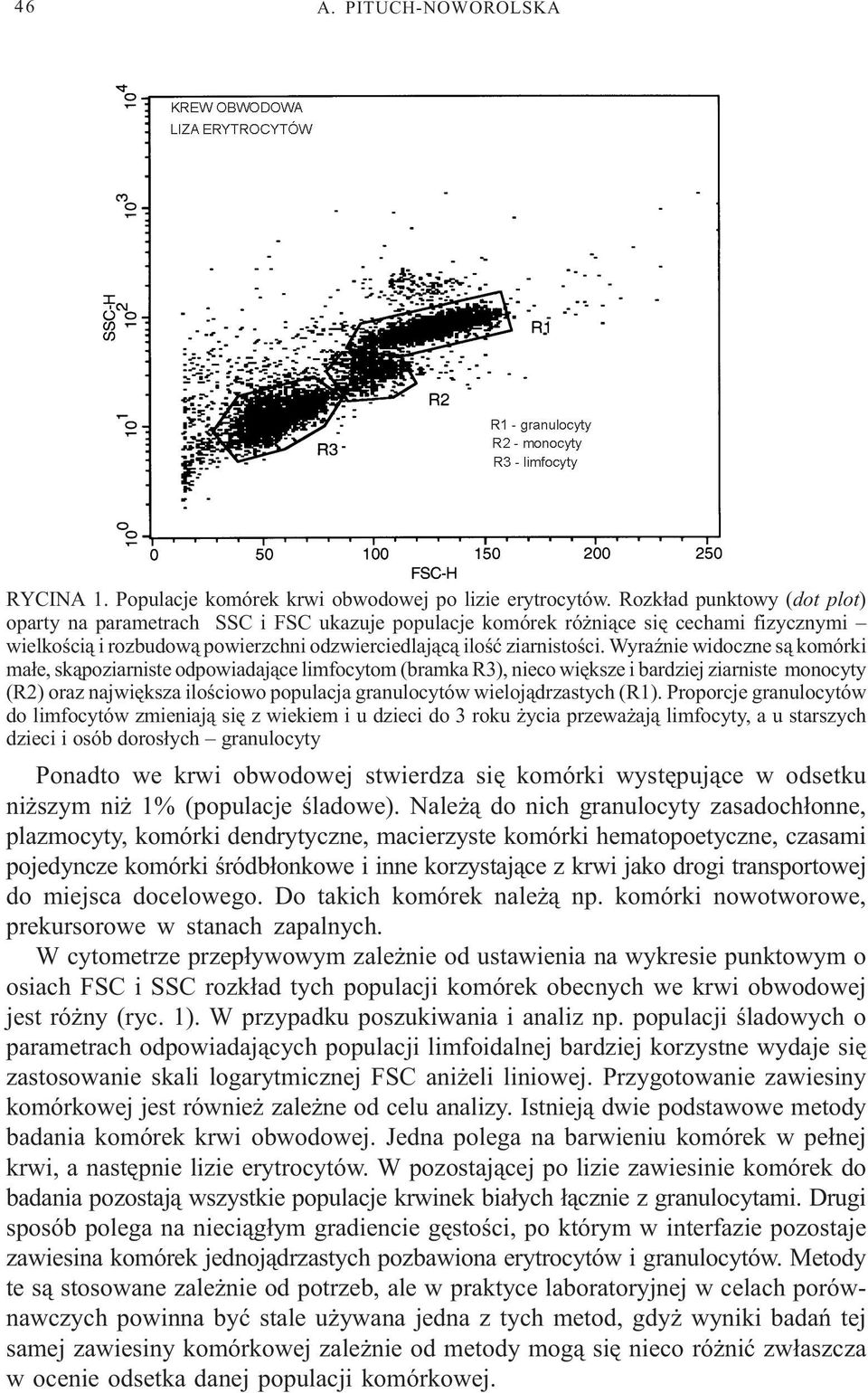 WyraŸnie widoczne s¹ komórki ma³e, sk¹poziarniste odpowiadaj¹ce limfocytom (bramka R3), nieco wiêksze i bardziej ziarniste monocyty (R2) oraz najwiêksza iloœciowo populacja granulocytów