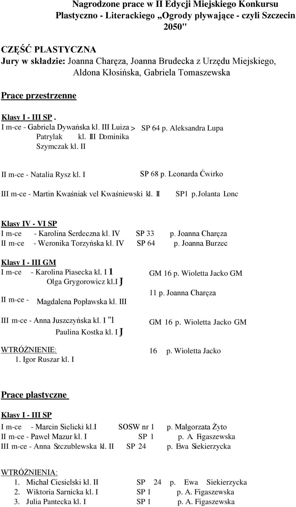 II II m-ce - Natalia Rysz kl. I SP 68 p. Leonarda Ćwirko III m-ce - Martin Kwaśniak vel Kwaśniewski kl. II SP1 p. Jolanta Lonc Klasy IV - VI SP I m-ce - Karolina Serdeczna kl. IV SP 33 p.