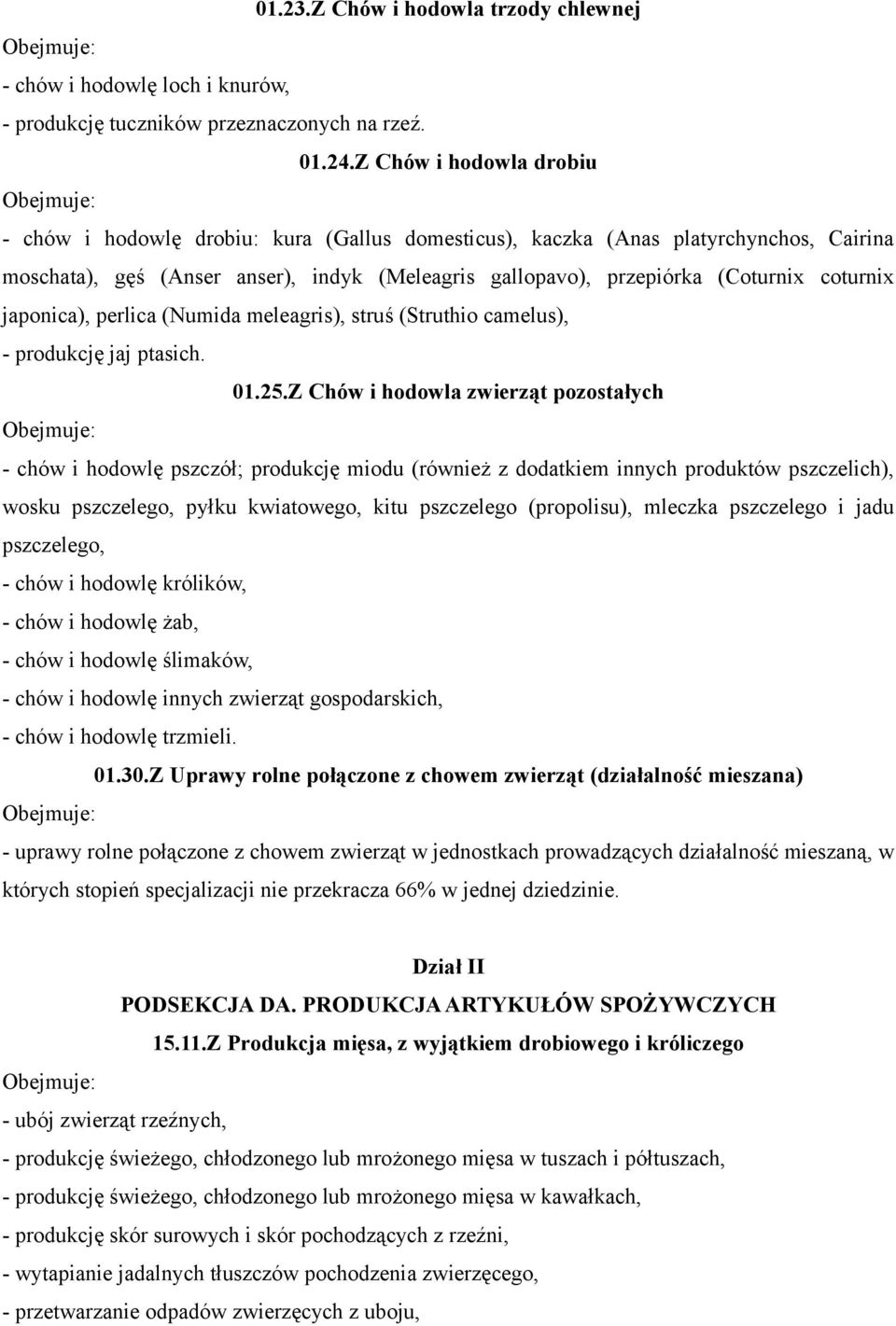 coturnix japonica), perlica (Numida meleagris), struś (Struthio camelus), - produkcję jaj ptasich. 01.25.