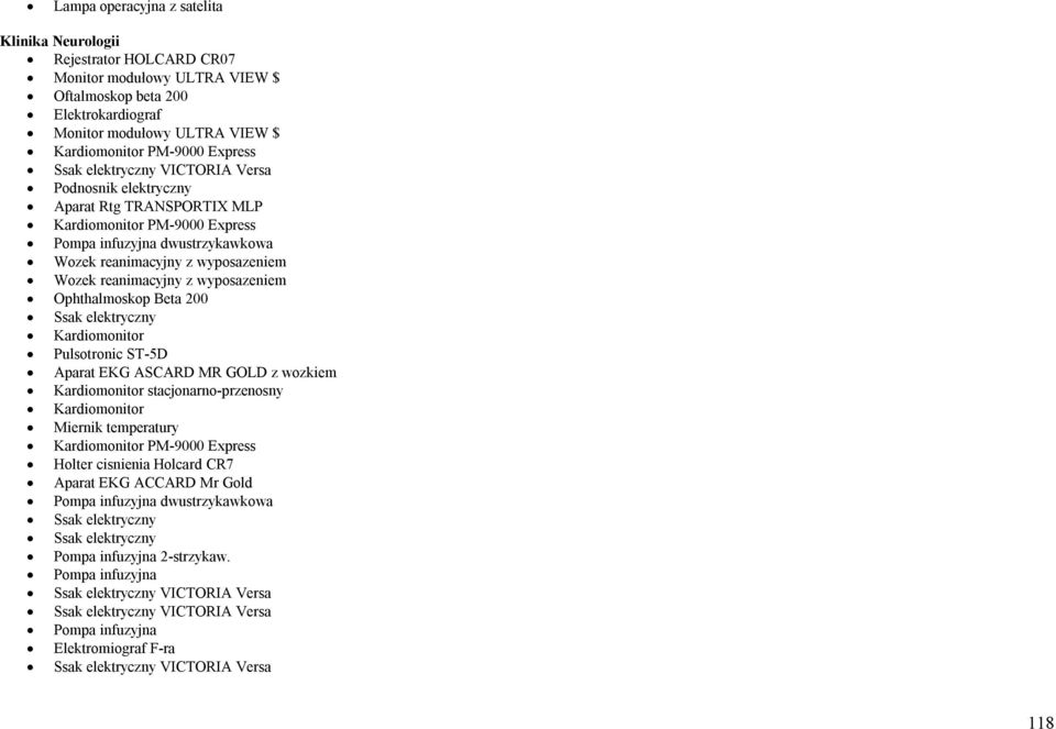 reanimacyjny z wyposazeniem Ophthalmoskop Beta 200 Ssak elektryczny Kardiomonitor Pulsotronic ST-5D Aparat EKG ASCARD MR GOLD z wozkiem Kardiomonitor stacjonarno-przenosny Kardiomonitor Miernik
