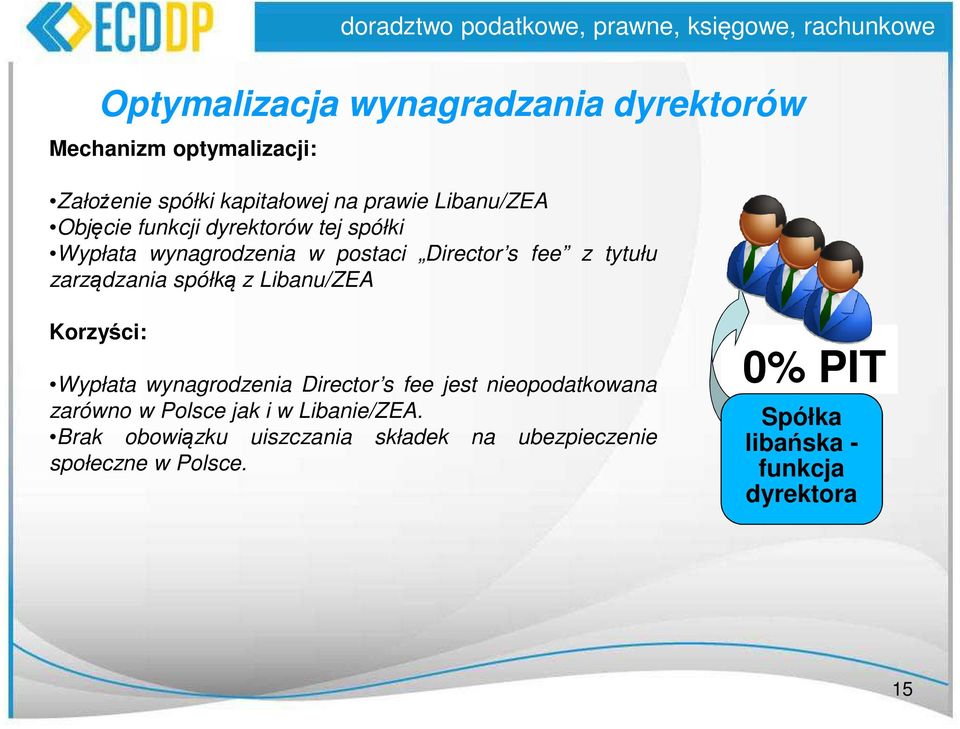 Libanu/ZEA Korzyści: Wypłata wynagrodzenia Director s fee jest nieopodatkowana zarówno w Polsce jak i w Libanie/ZEA.