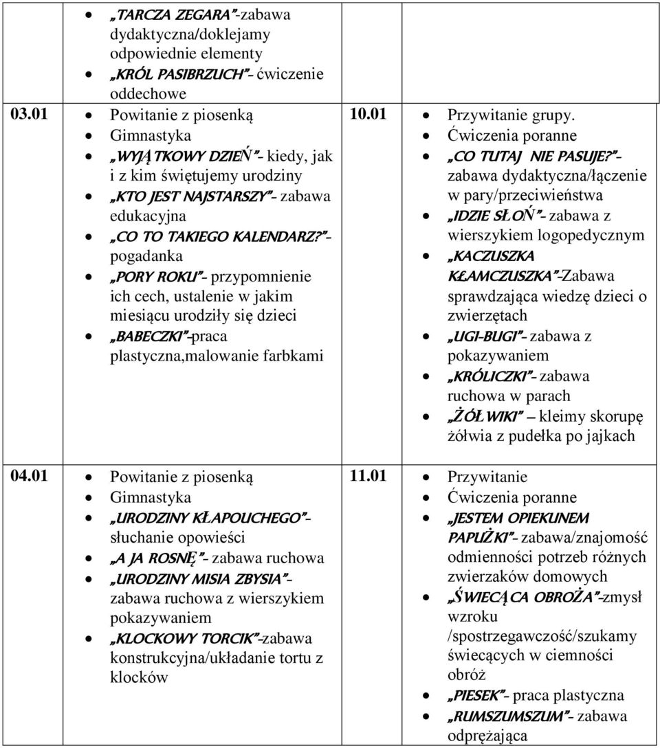 - pogadanka PORY ROKU - przypomnienie ich cech, ustalenie w jakim miesiącu urodziły się dzieci BABECZKI -praca plastyczna,malowanie farbkami 04.