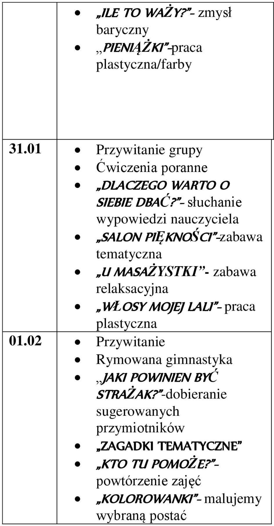 - słuchanie wypowiedzi nauczyciela SALON PIĘKNOŚCI -zabawa tematyczna U MASAŻYSTKI - zabawa relaksacyjna WŁOSY MOJEJ