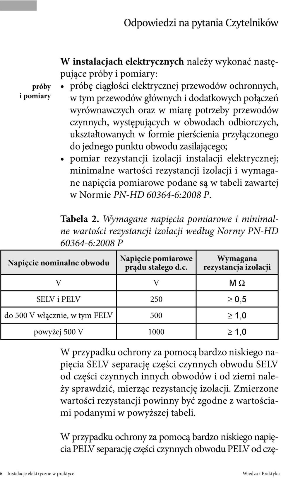 rezystancji izolacji instalacji elektrycznej; minimalne wartości rezystancji izolacji i wymagane napięcia pomiarowe podane są w tabeli zawartej w Normie PN-HD 60364-6:2008 P. Tabela 2.