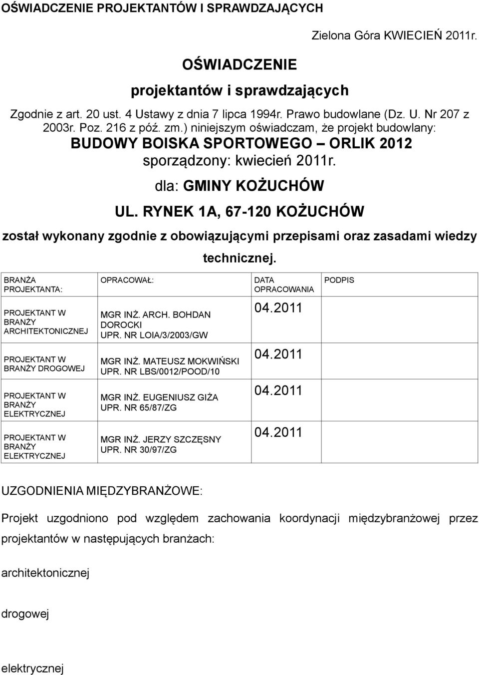 RYNEK 1A, 67-120 KOŻUCHÓW został wykonany zgodnie z obowiązującymi przepisami oraz zasadami wiedzy technicznej.