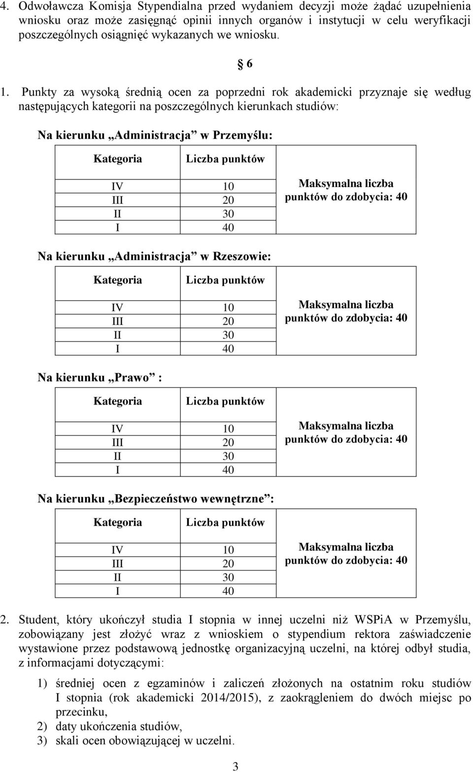 Punkty za wysoką średnią ocen za poprzedni rok akademicki przyznaje się według następujących kategorii na poszczególnych kierunkach studiów: 6 Na kierunku Administracja w Przemyślu: IV II 0 Na