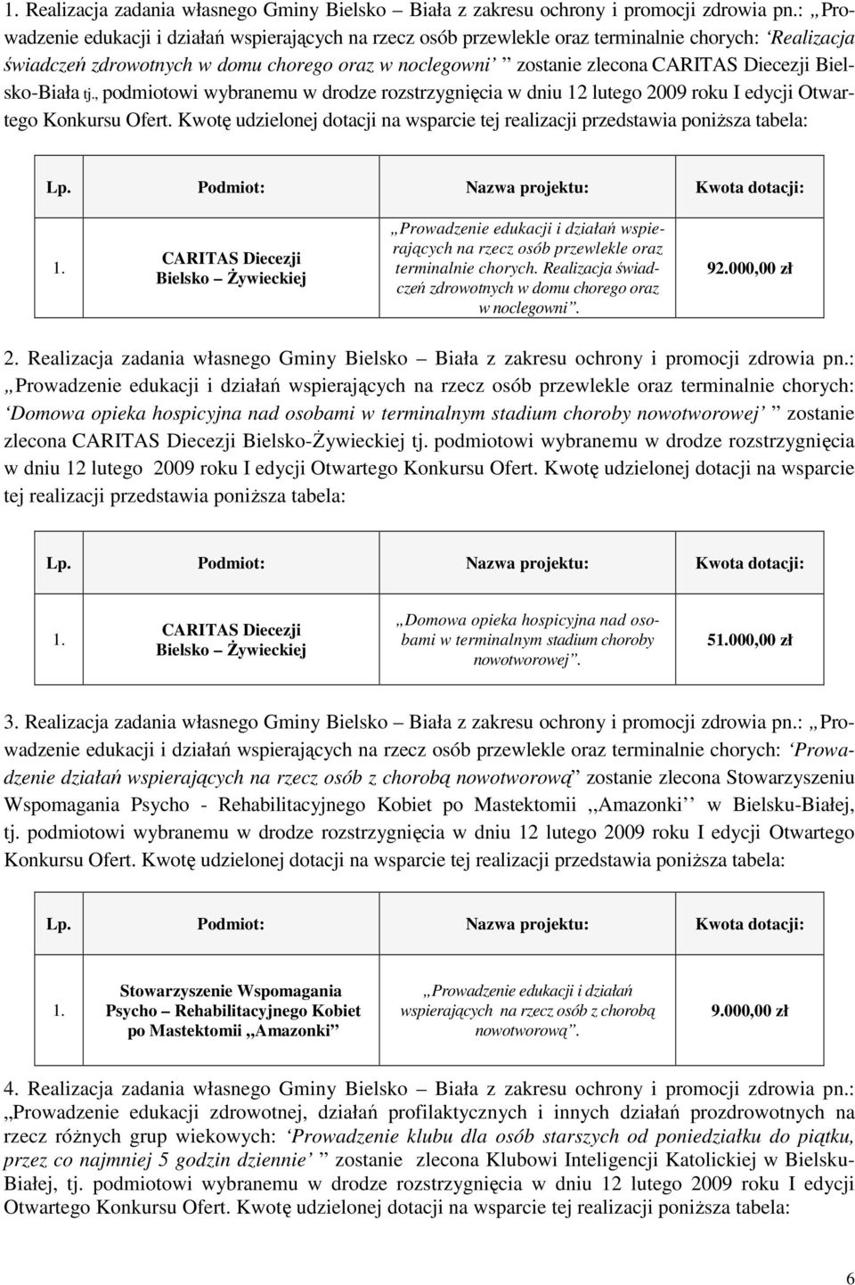 Bielsko-Biała tj., podmiotowi wybranemu w drodze rozstrzygnięcia w dniu 12 lutego 2009 roku I edycji Otwartego Konkursu Ofert.