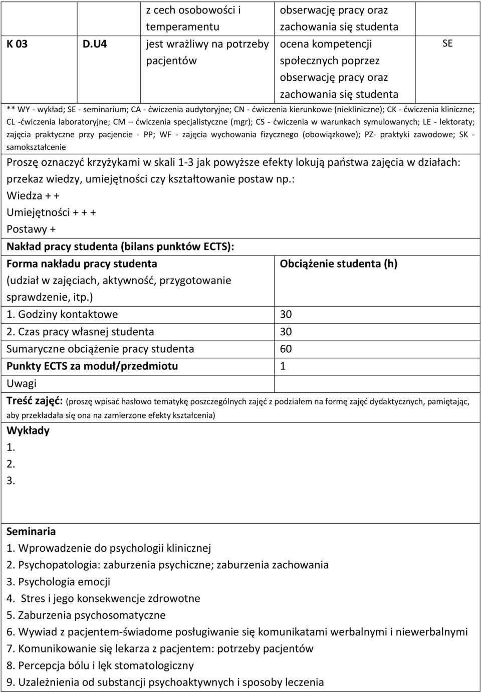 CA - ćwiczenia audytoryjne; CN - ćwiczenia kierunkowe (niekliniczne); CK - ćwiczenia kliniczne; CL -ćwiczenia laboratoryjne; CM ćwiczenia specjalistyczne (mgr); CS - ćwiczenia w warunkach