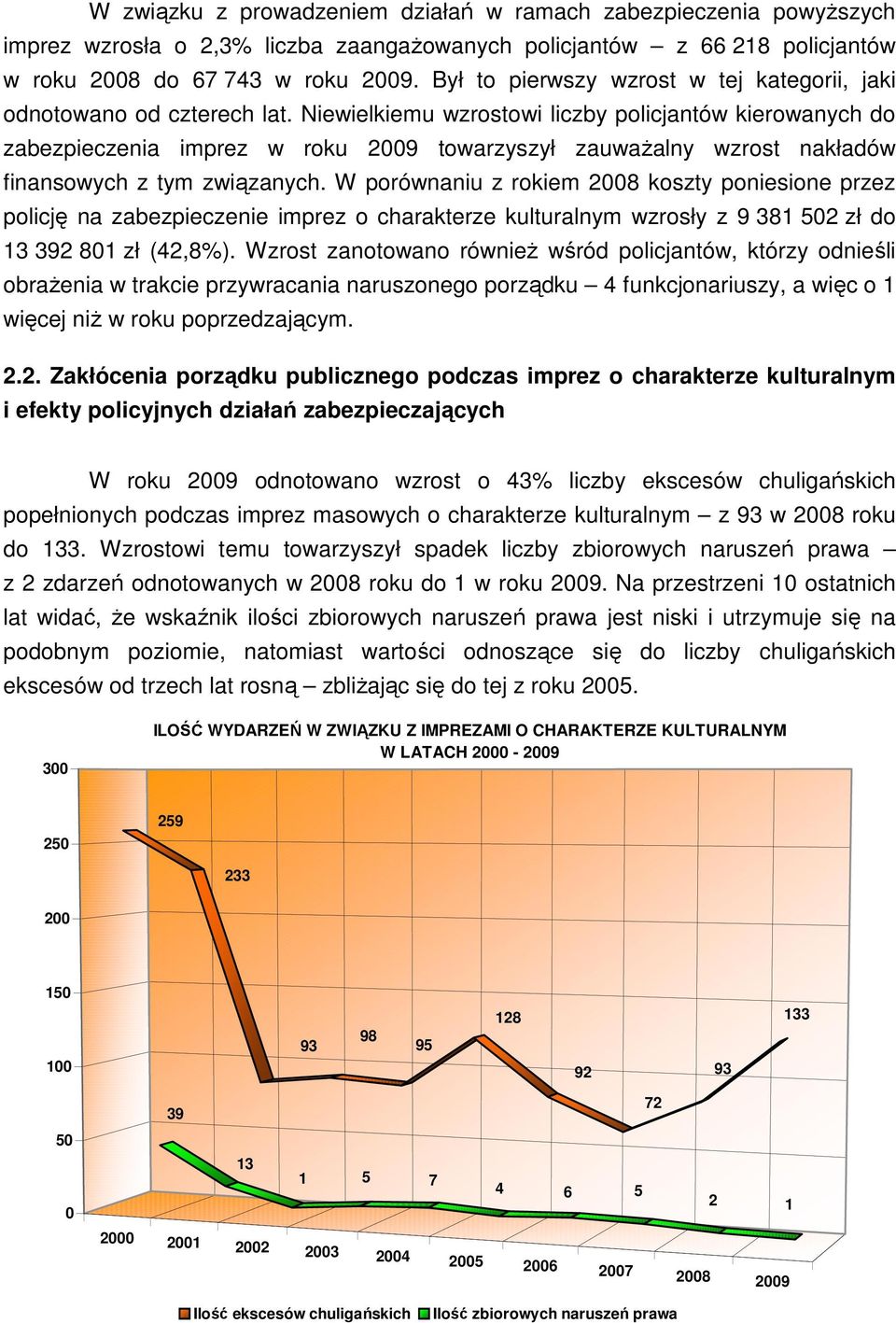 Niewielkiemu wzrostowi liczby policjantów kierowanych do zabezpieczenia imprez w roku 2009 towarzyszył zauwaŝalny wzrost nakładów finansowych z tym związanych.
