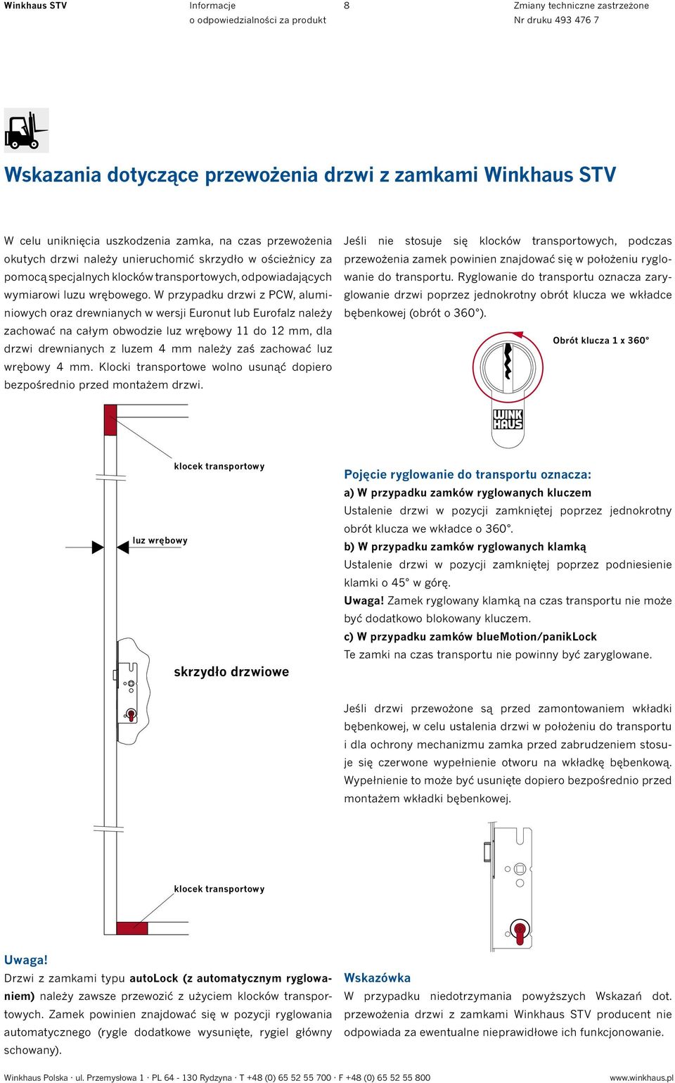 W przypadku drzwi z PCW, aluminiowych oraz drewnianych w wersji Euronut lub Eurofalz należy zachować na całym obwodzie luz wrębowy 11 do 12 mm, dla drzwi drewnianych z luzem 4 mm należy zaś zachować