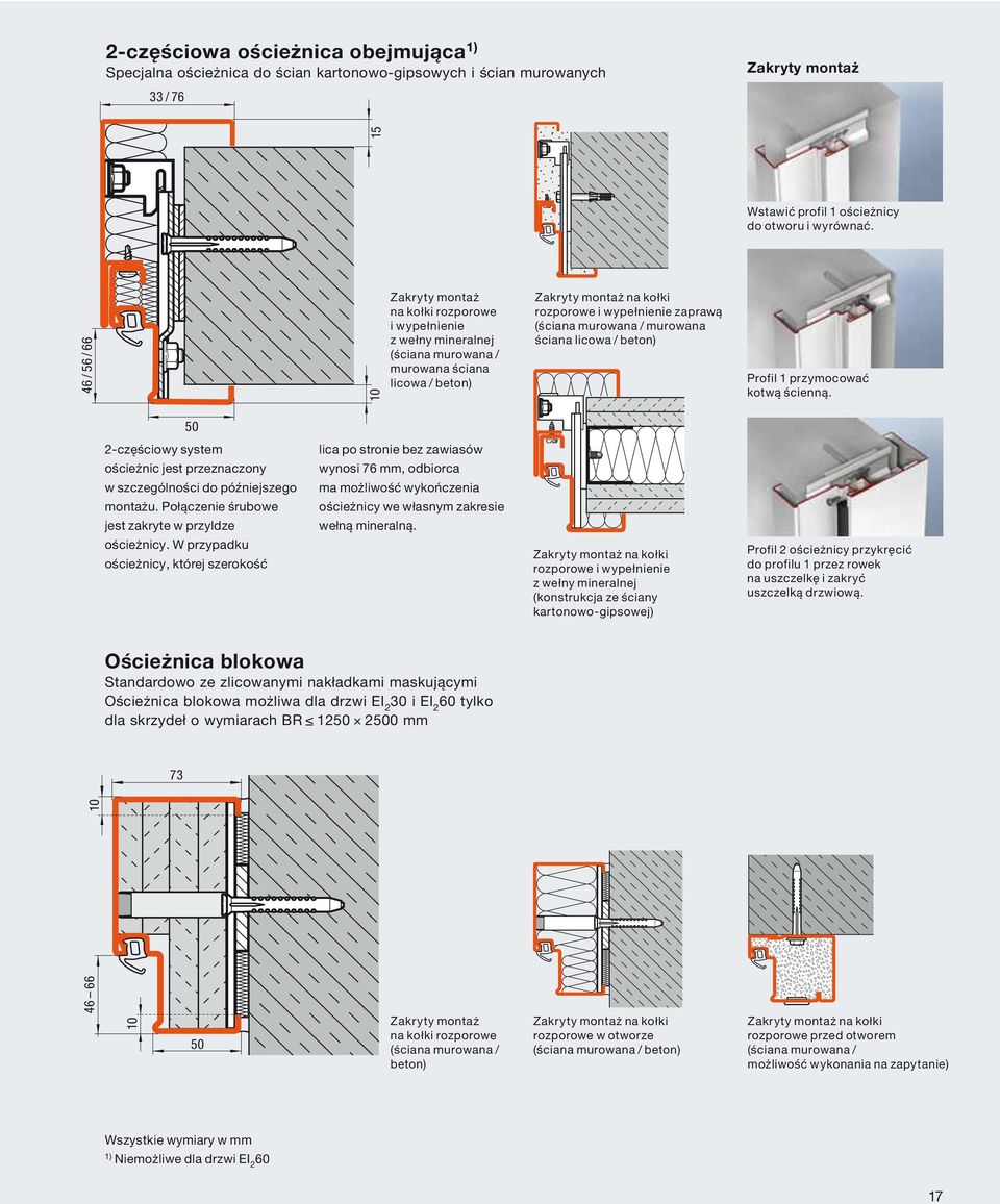W przypadku ościeżnicy, której szerokość Zakryty montaż na kołki rozporowe i wypełnienie z wełny mineralnej (ściana murowana / murowana ściana licowa / beton) lica po stronie bez zawiasów wynosi 76