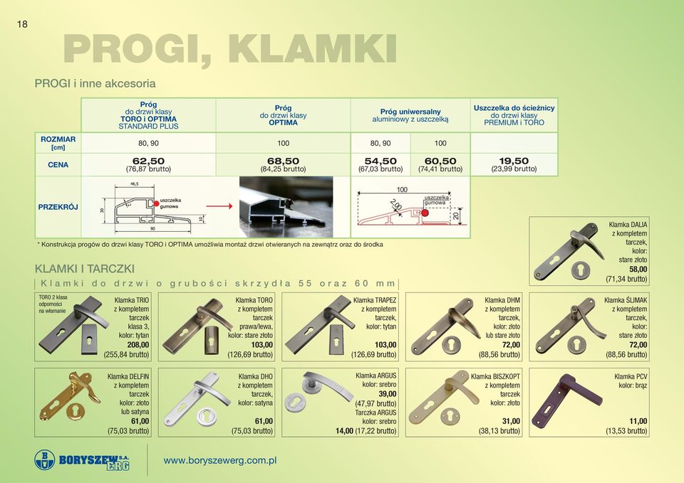 OPTIMA umożliwia montaż drzwi otwieranych na zewnątrz oraz do środka KLAMKI I TARCZKI Klamki do drzwi o grubości skrzydła 55 oraz 60 mm Klamka DALIA z kompletem tarczek, kolor: stare złoto 58,00