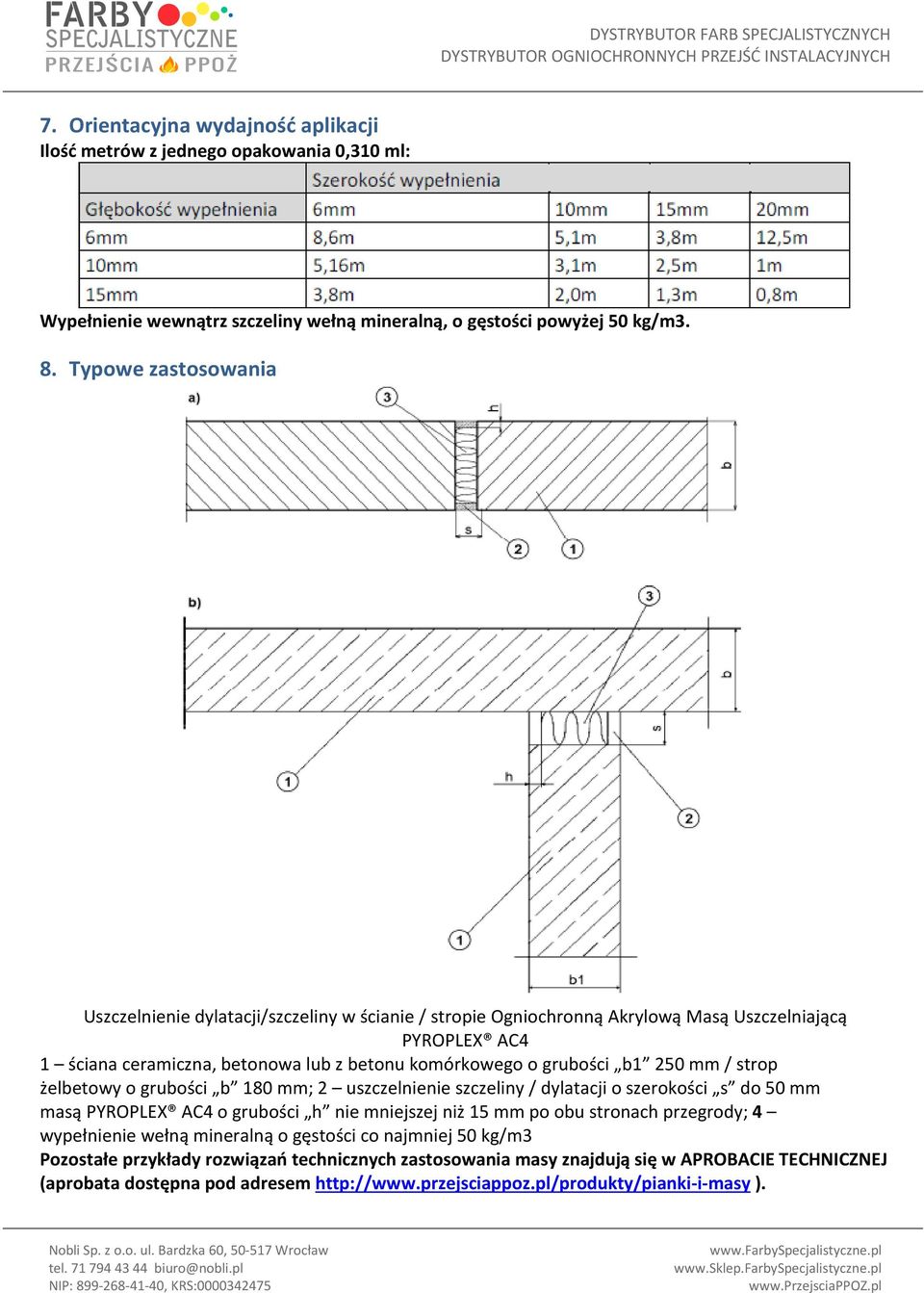 250 mm / strop żelbetowy o grubości b 180 mm; 2 uszczelnienie szczeliny / dylatacji o szerokości s do 50 mm masą PYROPLEX AC4 o grubości h nie mniejszej niż 15 mm po obu stronach przegrody; 4