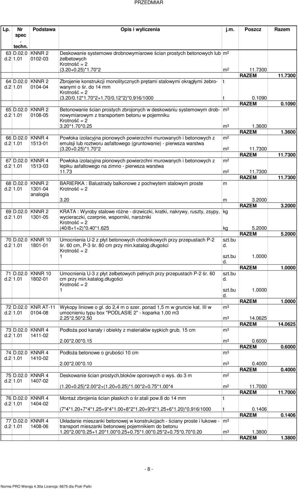 Zbrojenie konstrukcji onolitycznych prętai stalowyi okrągłyi Ŝebrowanyi t o śr do 4 (320/02*70*2+70/02*2)*096/000 t 0090 RAZEM 0090 Betonowanie ścian prostych zbrojonych w deskowaniu systeowy
