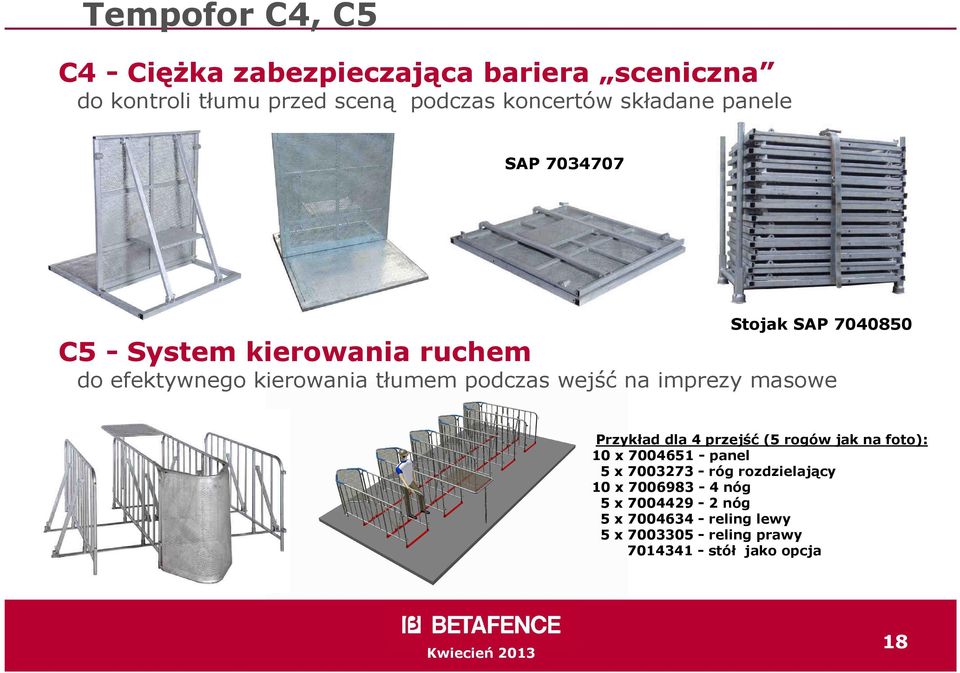 wejść na imprezy masowe Przykład dla 4 przejść (5 rogów jak na foto): 10 x 7004651 - panel 5 x 7003273 - róg
