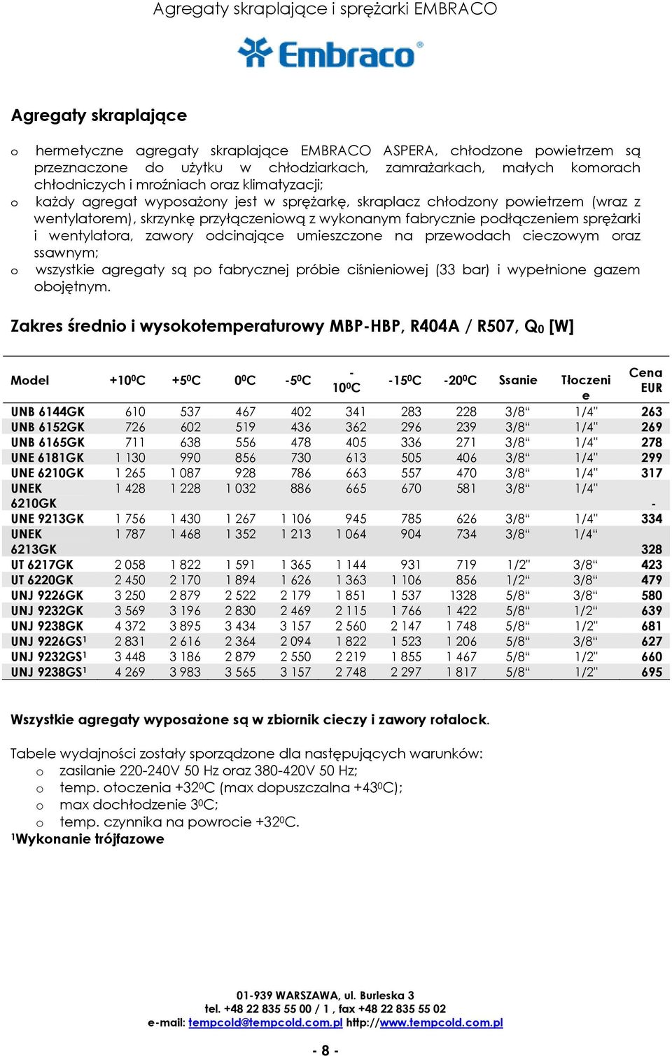 fabrycznie podłączeniem sprężarki i wentylatora, zawory odcinające umieszczone na przewodach cieczowym oraz ssawnym; wszystkie agregaty są po fabrycznej próbie ciśnieniowej (33 bar) i wypełnione