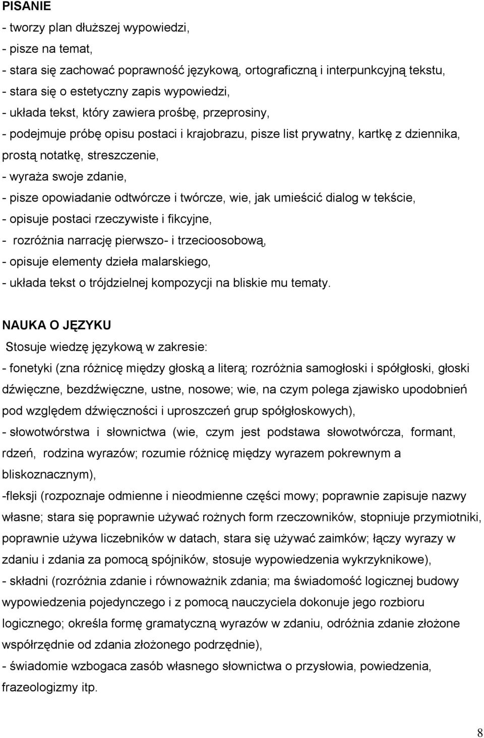 opowiadanie odtwórcze i twórcze, wie, jak umieścić dialog w tekście, - opisuje postaci rzeczywiste i fikcyjne, - rozróżnia narrację pierwszo- i trzecioosobową, - opisuje elementy dzieła malarskiego,