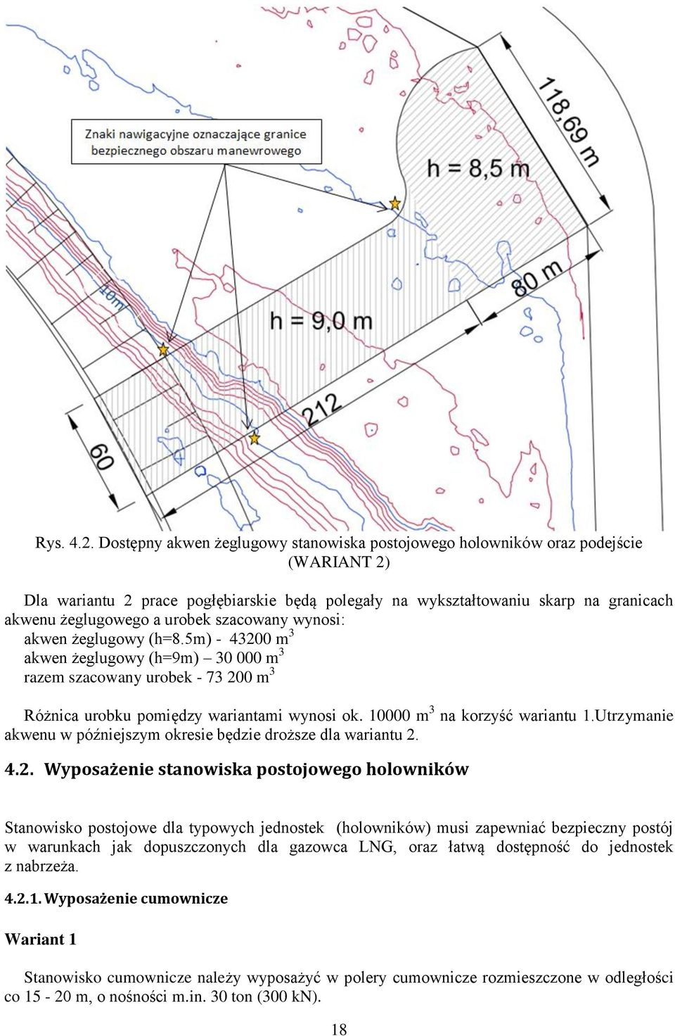 urobek szacowany wynosi: akwen żeglugowy (h=8.5m) - 43200 m 3 akwen żeglugowy (h=9m) 30 000 m 3 razem szacowany urobek - 73 200 m 3 Różnica urobku pomiędzy wariantami wynosi ok.