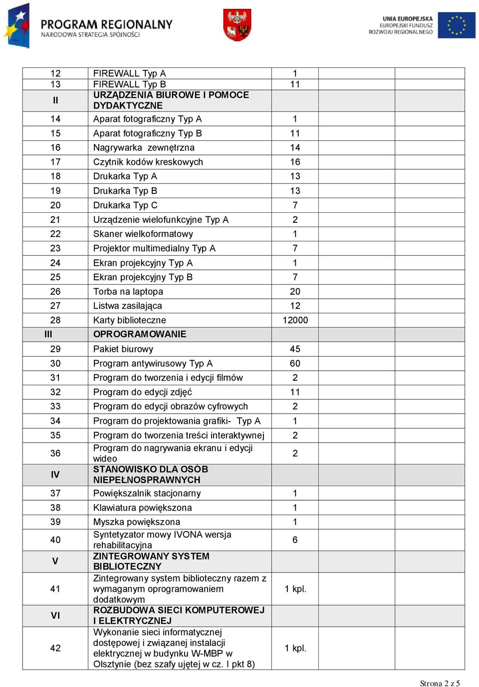 projekcyjny Typ B 7 26 Torba na laptopa 20 27 Listwa zasilająca 2 28 Karty biblioteczne 2000 OPROGRAMOWANIE 29 Pakiet biurowy 45 30 Program antywirusowy Typ A 60 3 Program do tworzenia i edycji