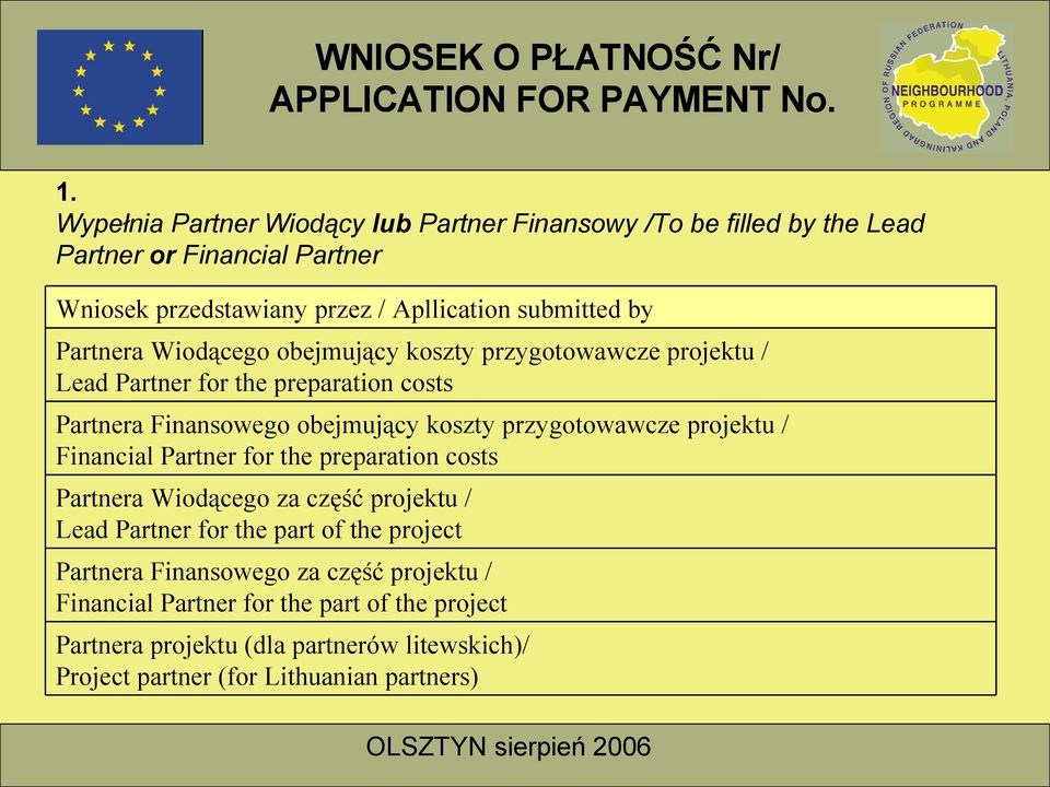 przygotowawcze projektu / Financial Partner for the preparation costs Partnera Wiodącego za część projektu / Lead Partner for the part of the project