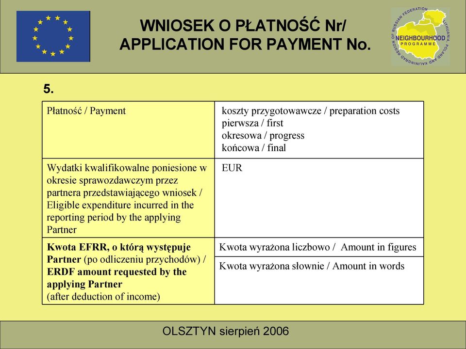 przychodów) / ERDF amount requested by the applying Partner (after deduction of income) koszty przygotowawcze / preparation costs